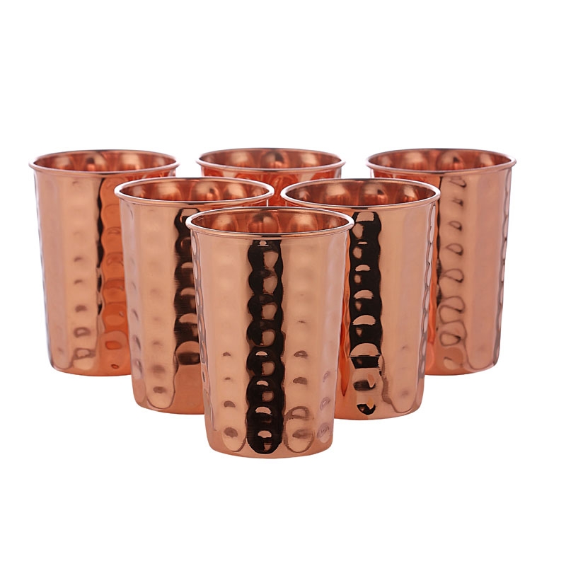 Hammered Pure Copper Tumbler Set of 6 UNLINED UNCOATED and LACQUER FREE 350 Ml 