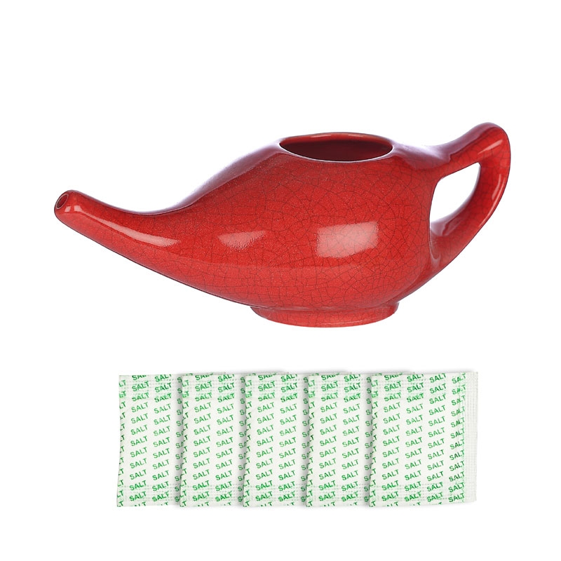 Premium Handcrafted Durable Ceramic Neti Pot Nasal Cleansing Dishwasher Safe with 2 Silicone Nozzle Tip Holds 225 Ml Crackle Pattern Red