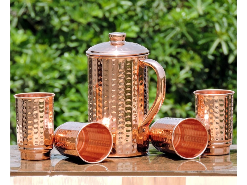 Pure Copper Hammered Pitcher with 4 Copper Tumblers 1.5 Liters