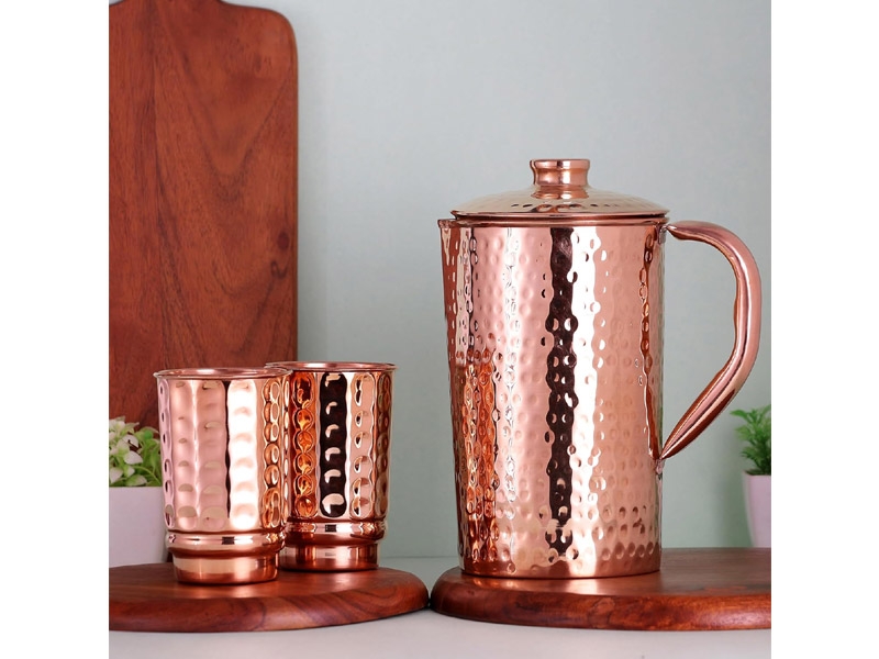 Pure Copper Hammered Water Jug with 2 Hammered Copper Tumblers 1.5 Liters