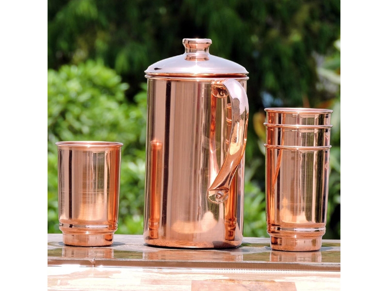 Pure Copper Pitcher with 4 Copper Tumblers Plain Style 1.5 Liters
