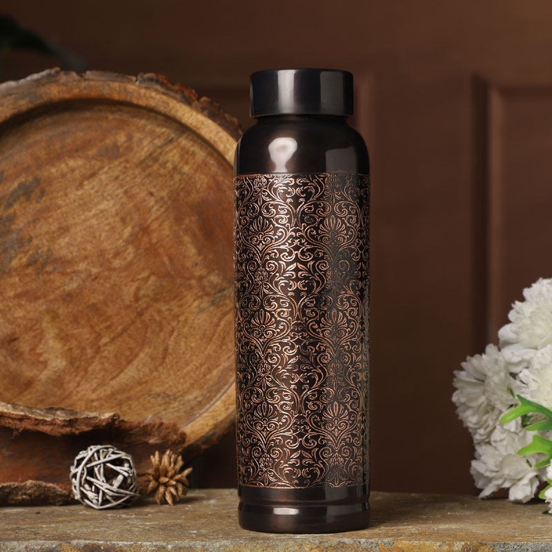 Pure Copper Water Bottle with 2 Tumblers Set Beautiful Floral Pattern
