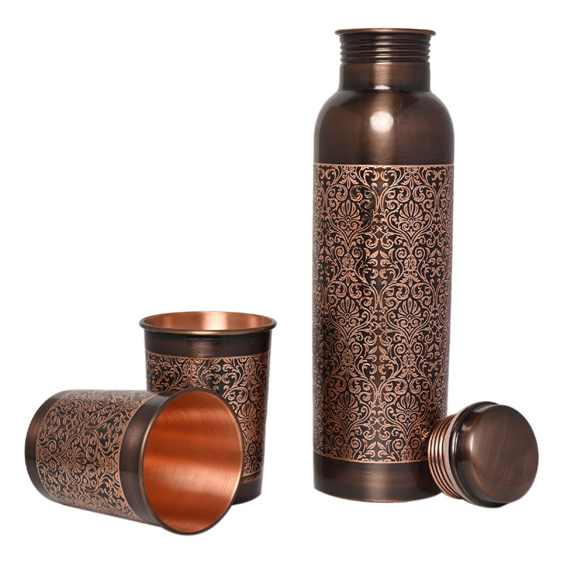 Pure Copper Water Bottle with 2 Tumblers Set Floral Beautiful Pattern