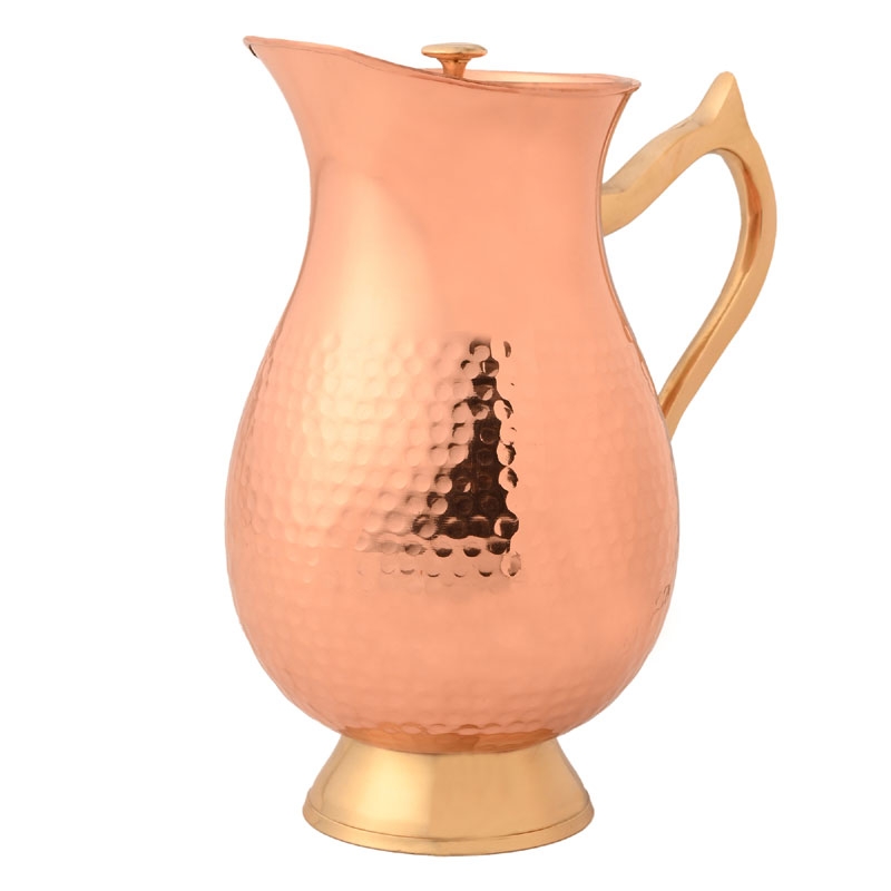 Pure Copper Water Hammered Jug with Lid and Brass Handle 1 Liter Capacity Traditional Style