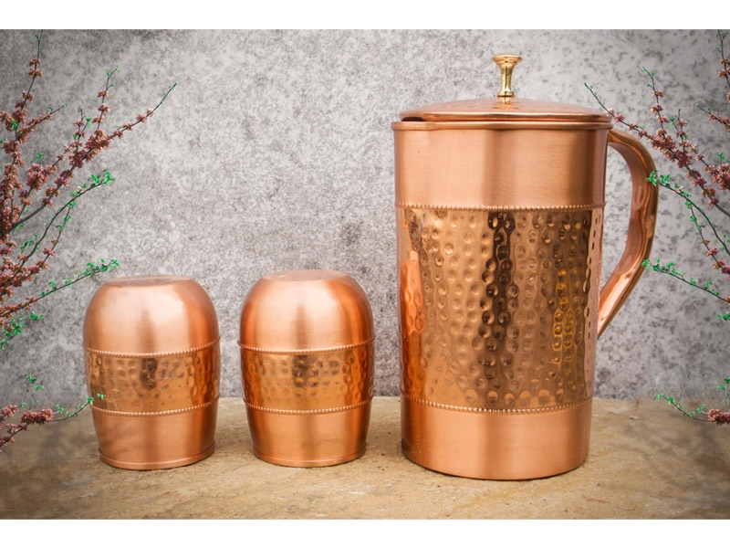 Pure Copper Water Jug with 2 Copper Barrel Glass Hammered and Plain Pattern 1.5 Liters