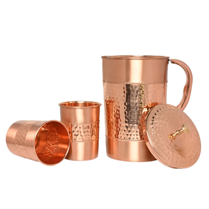 Pure Copper Water Jug with 2 Copper Tumblers Hammered and Plain Pattern With Straight Glass