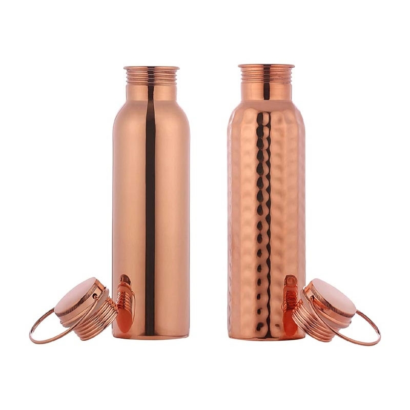 Set of 2 Copper Water Bottle with Handle Plain and Hammered 600 Ml Capacity