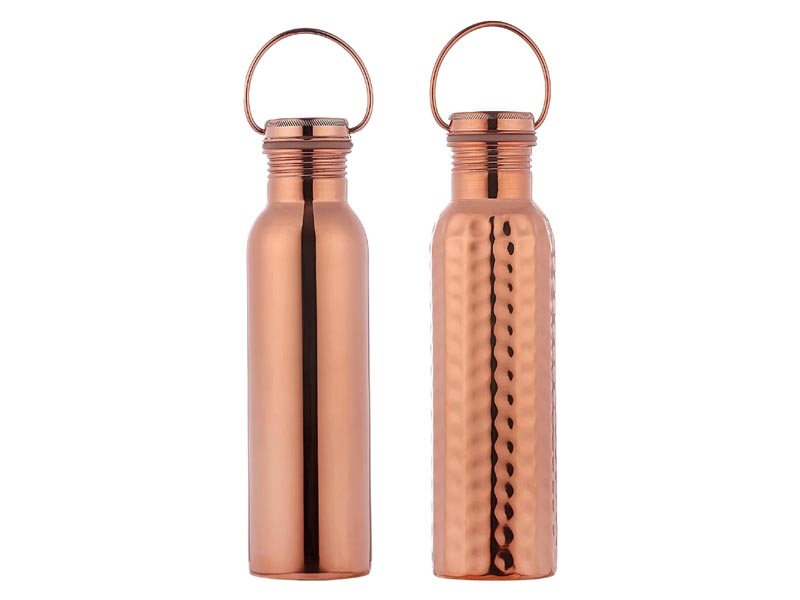 Set of 2 Copper Water Bottle with Handle Plain and Hammered 600 Ml