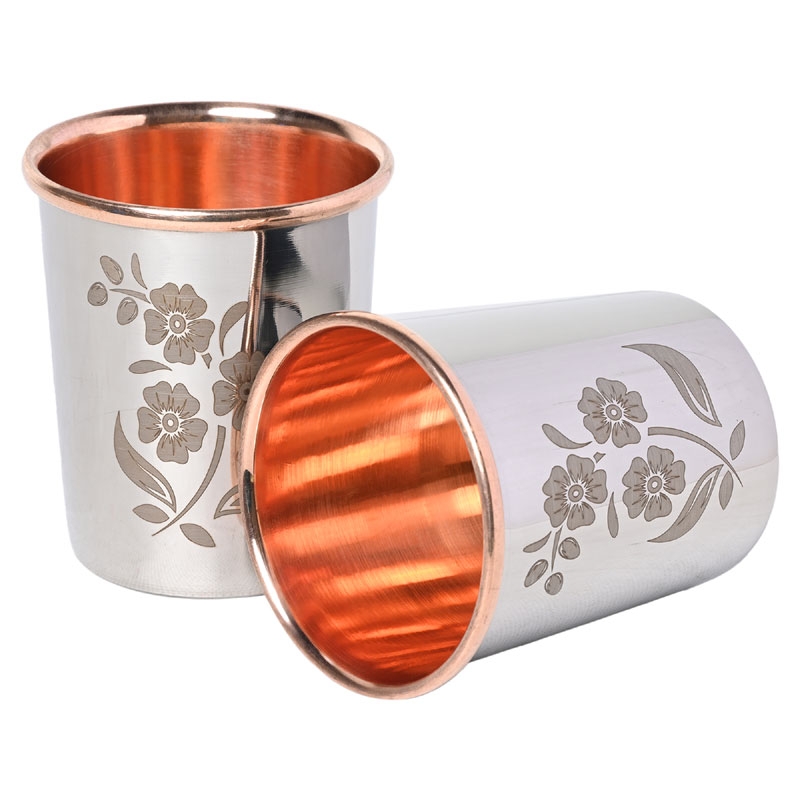 Set of 2 Outer Stainless Steel and Inner Pure Copper Tumbler 250 Ml Capacity Floral Pattern