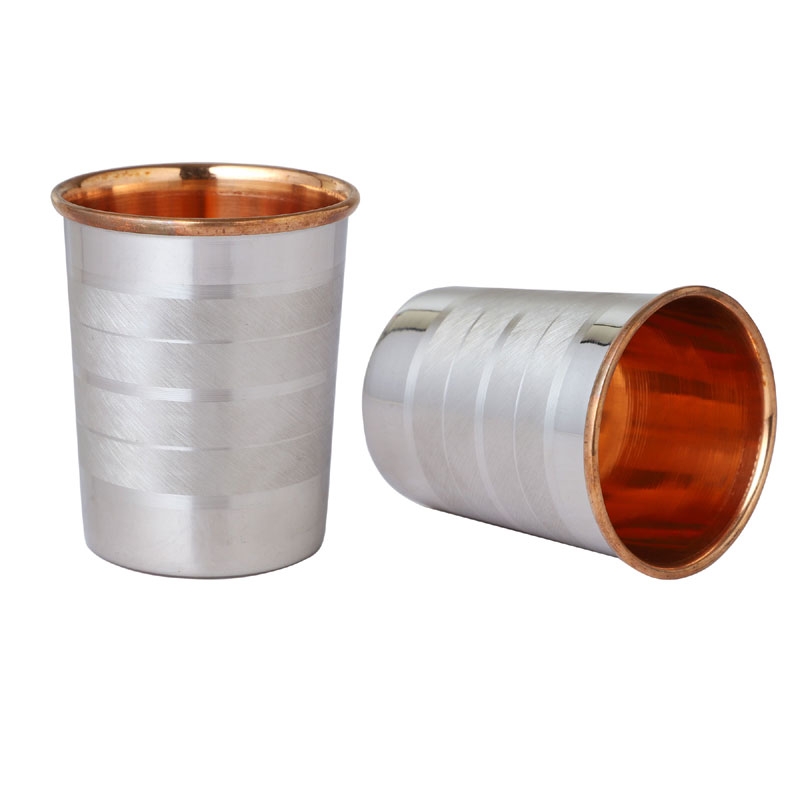 Set of 2 Outer Stainless Steel and Inner Pure Copper Tumbler For Ayurveda Health Benefits 250 Ml Capacity Lining Pattern