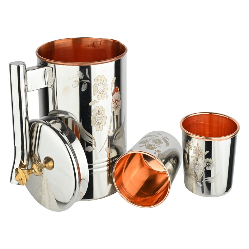 Stainless Steel and Pure Copper Water Pitcher with 2 Matching Tumblers Floral Pattern