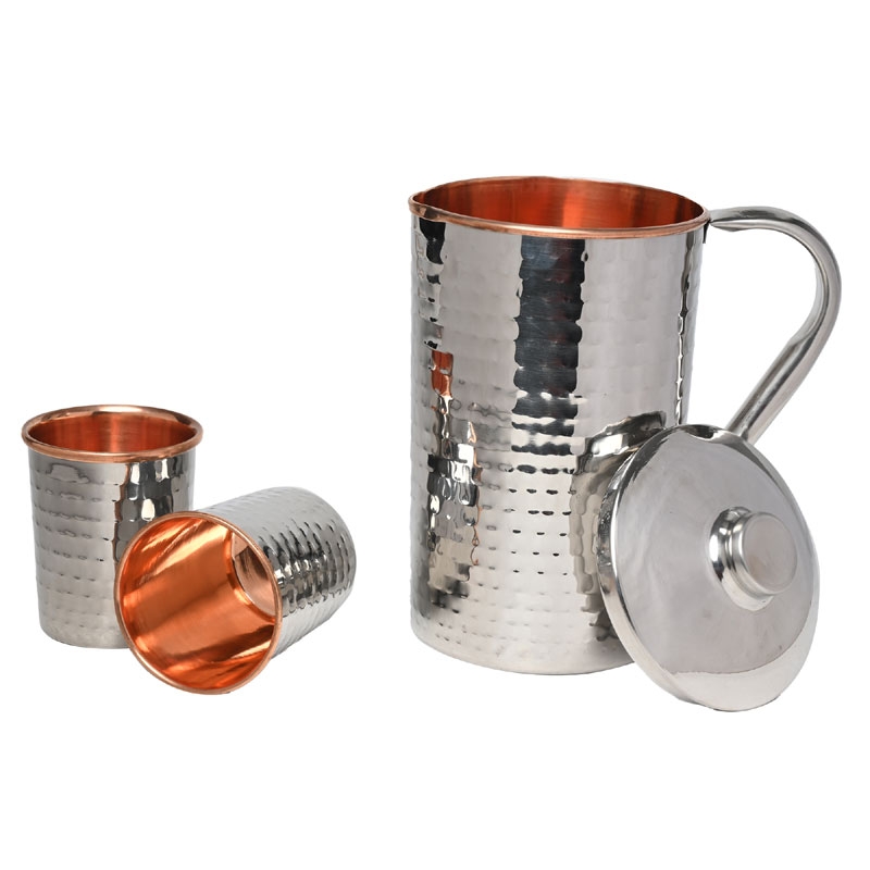 Stainless Steel and Pure Copper Water Pitcher with 2 Matching Tumblers Hammered Pattern