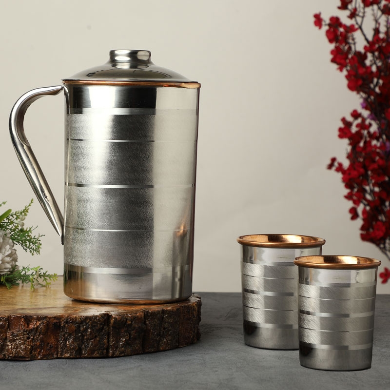 Stainless Steel and Pure Copper Water Pitcher with 2 Matching Tumblers Lining Pattern