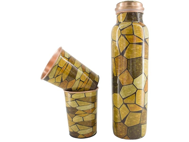 Pure Copper Water Bottle with 2 Tumblers Set Eco Friendly with GIFT PACKAGING Brown