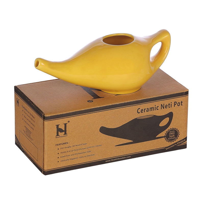 Ceramic Neti Pot Dishwasher Safe Premium Handcrafted with 2 Silicone Nozzle Tip and Salt for Sinus 225 Ml Capacity Yellow