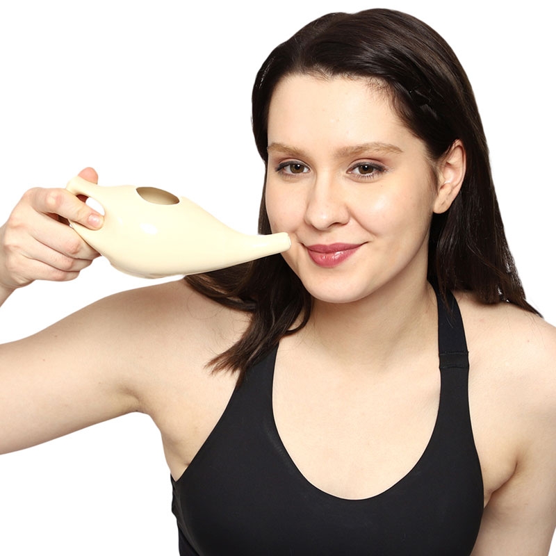 Ceramic Neti Pot Dishwasher Safe Premium Handcrafted with 2 Silicone Nozzle and Salt for Sinus 225 Ml Capacity Cream