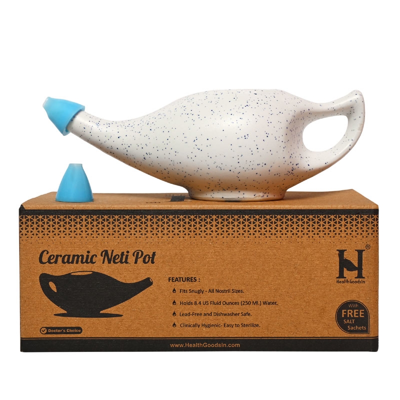 Ceramic Neti Pot Premium Handcrafted Durable Dishwasher Safe with 2 Silicone Nozzle Tip 225 Ml Capacity Dotted Ivory