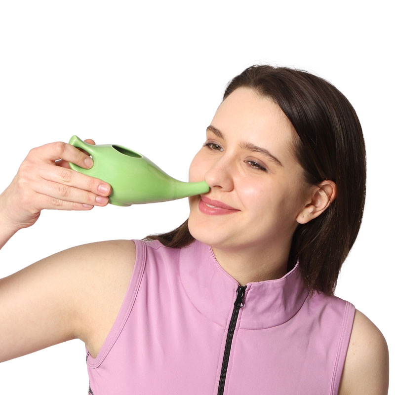 Ceramic Neti Pot with 2 Silicone Nozzle and Salt for Sinus 225 Ml Capacity Green