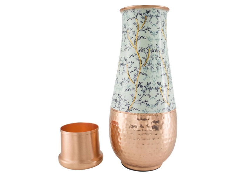 Copper Carafe Made of Pure Copper for Ayurveda Health Benefits Long Neck Capacity 1.8 Liter Printed