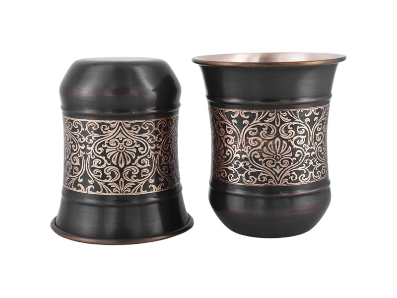 Copper Tumbler Set of 2 Floral Pattern 250 Ml Capacity Curved