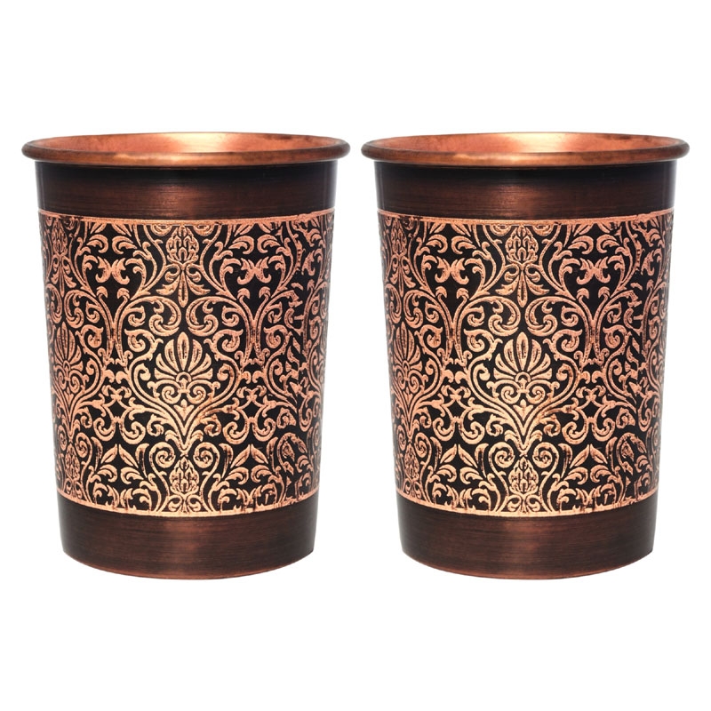 Copper Tumbler Set of 2 Floral Pattern 250 Ml Capacity Straight