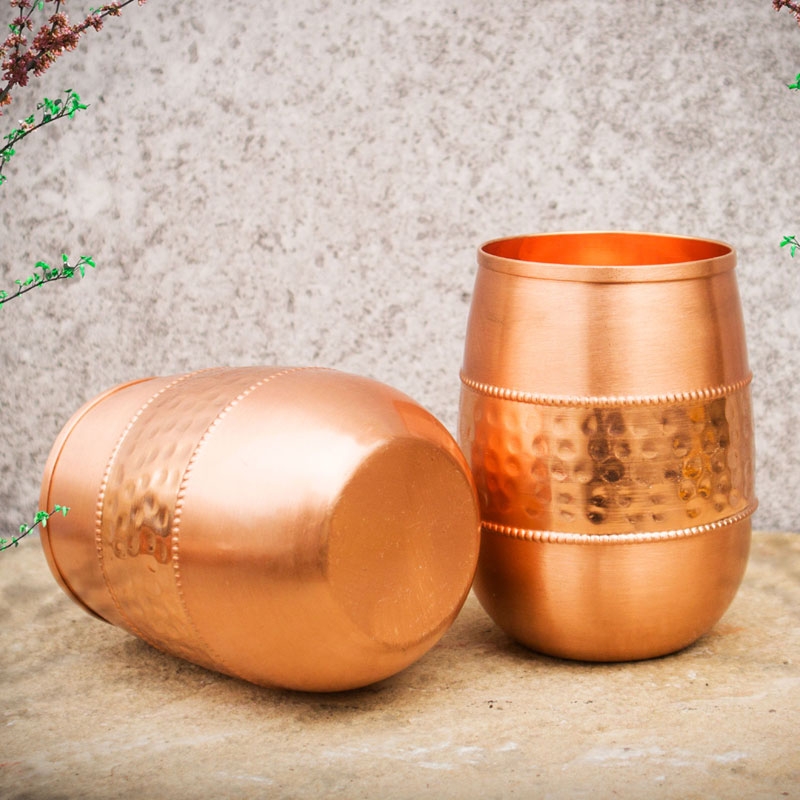 Copper Tumbler Set of 2 Hammered and Plain 250 Ml Capacity Barrel