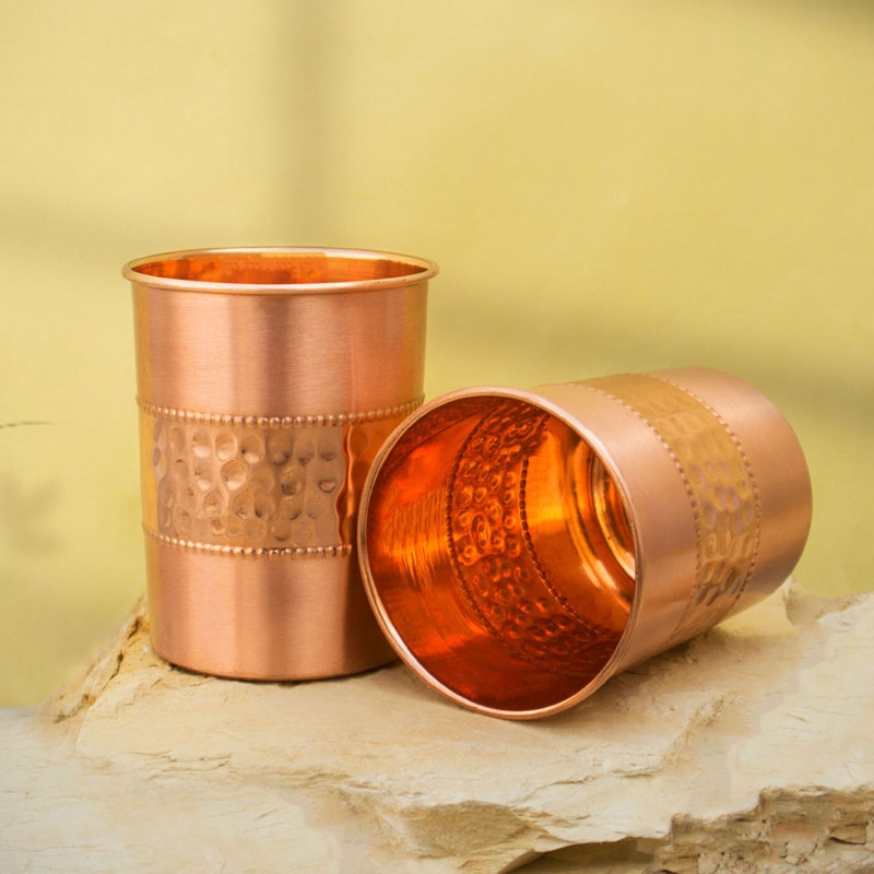Copper Tumbler Set of 2 Hammered and Plain 250 Ml Capacity Straight