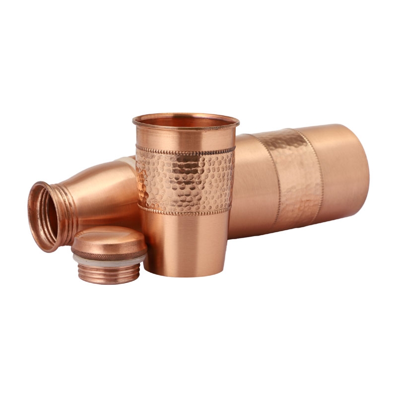 Copper Water Bottle 900 Ml with Tumbler Hammered and Plain Pattern