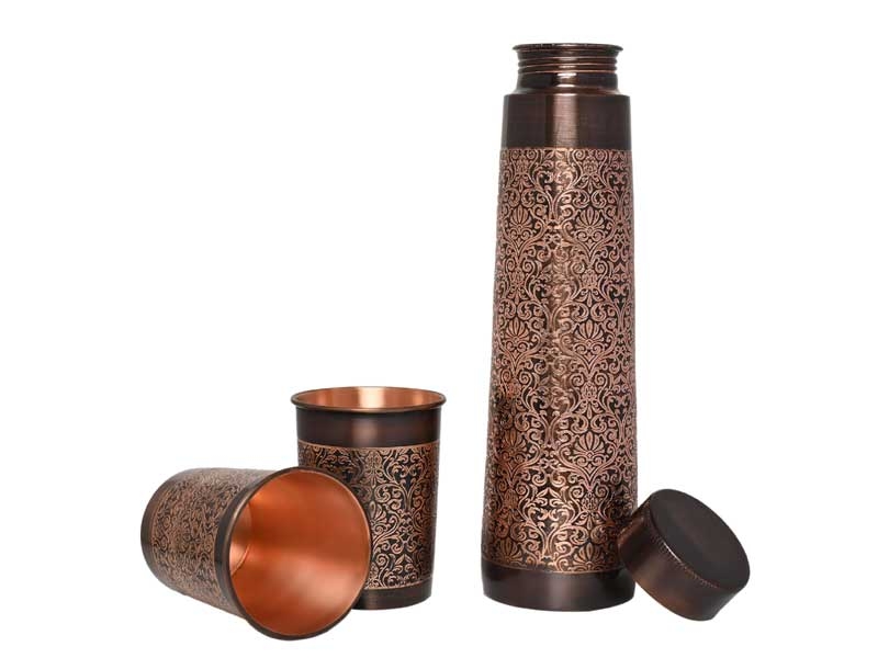 Copper Water Bottle with 2 Matching Tumbler Etching Pattern