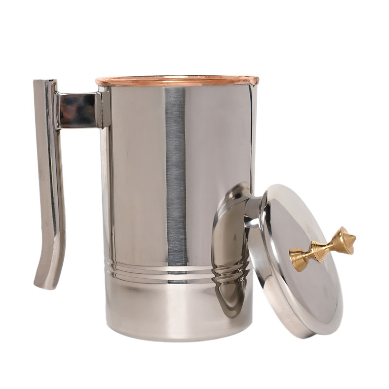Copper and Stainless Steel Jug Outer Stainless Steel and Inner Copper Jug 1.5 Liter Brass Knob