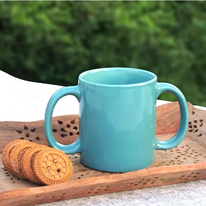 Dual Handle Mug for Secure Hold 350 Ml Turquoise Color