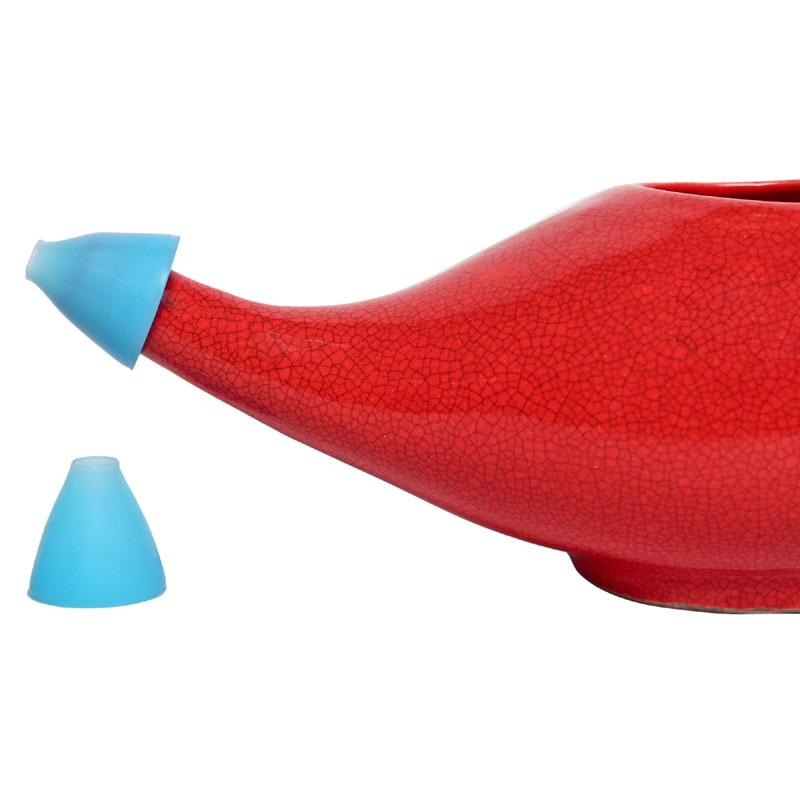 Premium Handcrafted Durable Ceramic Neti Pot Nasal Cleansing Dishwasher Safe with 2 Silicone Nozzle Tip Holds 225 Ml Crackle Pattern Red