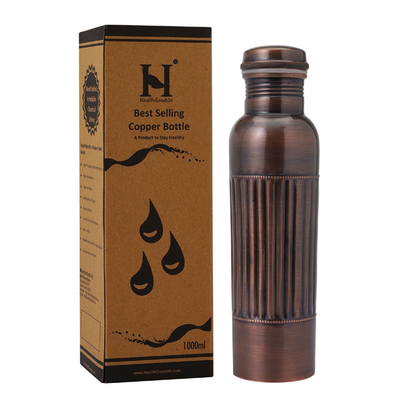 Pure Copper Bottle PREMIUM ANTIQUE Finish 950 Ml Capacity Lining Pattern