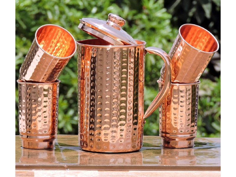 Pure Copper Hammered Pitcher with 4 Copper Tumblers 1.5 Liters