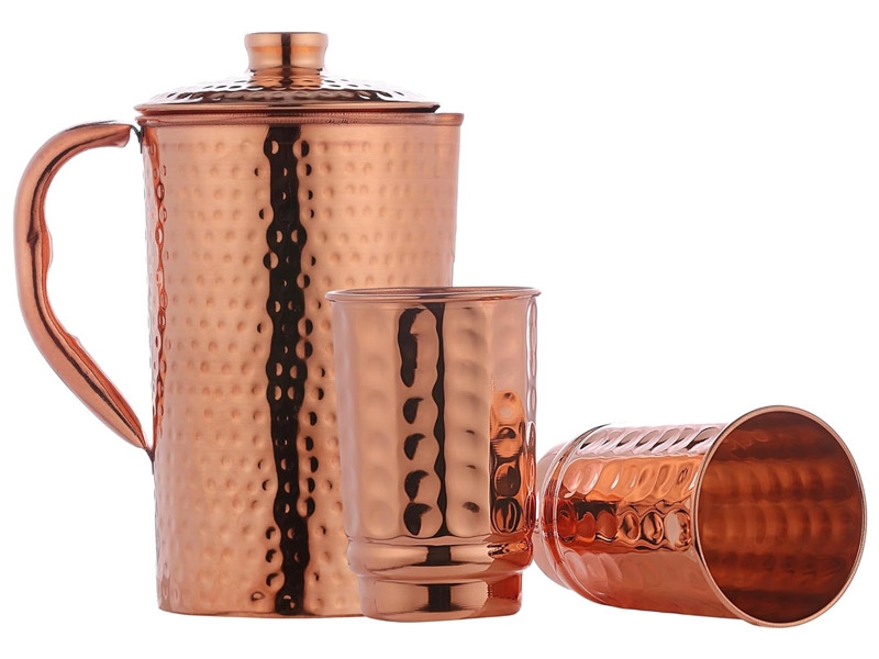 Pure Copper Hammered Water Jug with 2 Hammered Copper Tumblers 1.5 Liters