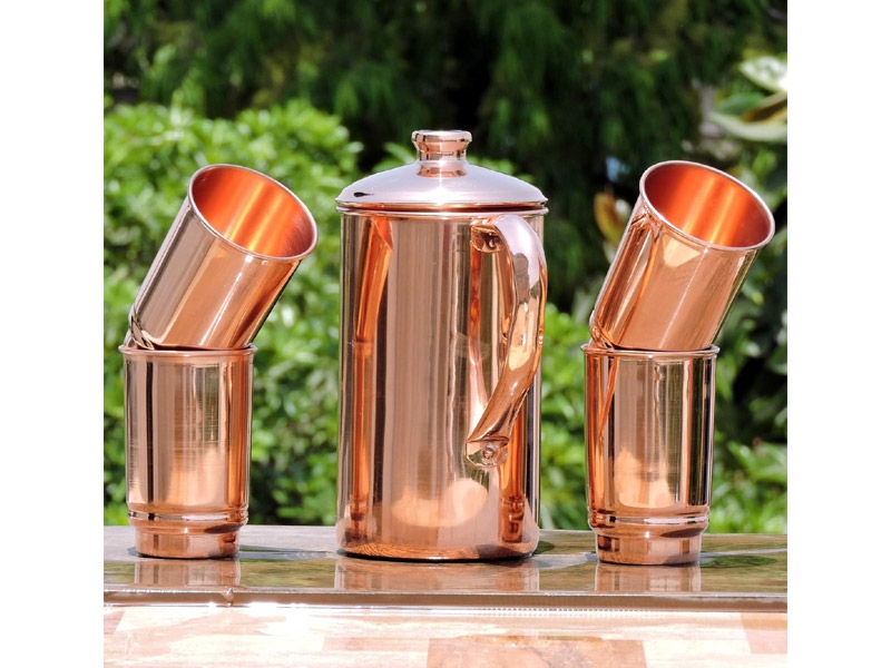 Pure Copper Pitcher with 4 Copper Tumblers Plain Style 1.5 Liters