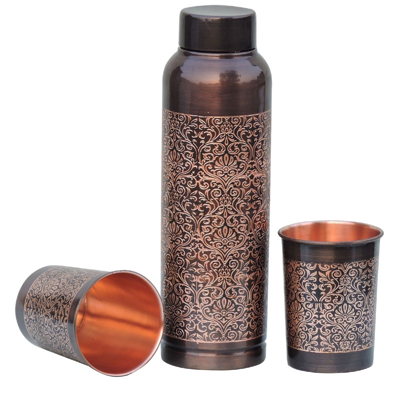 Pure Copper Water Bottle with 2 Tumblers Set Beautiful Floral Pattern