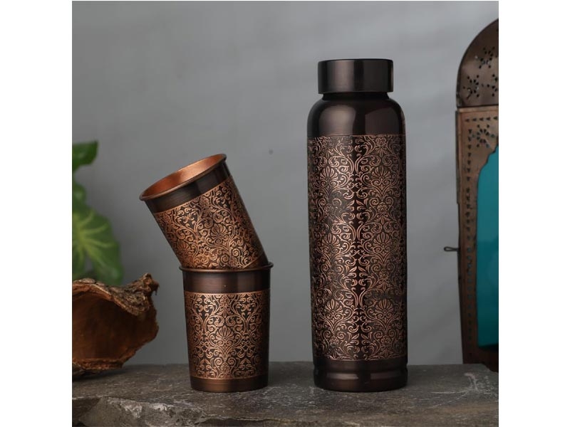 Pure Copper Water Bottle Set with 2 Tumblers Floral