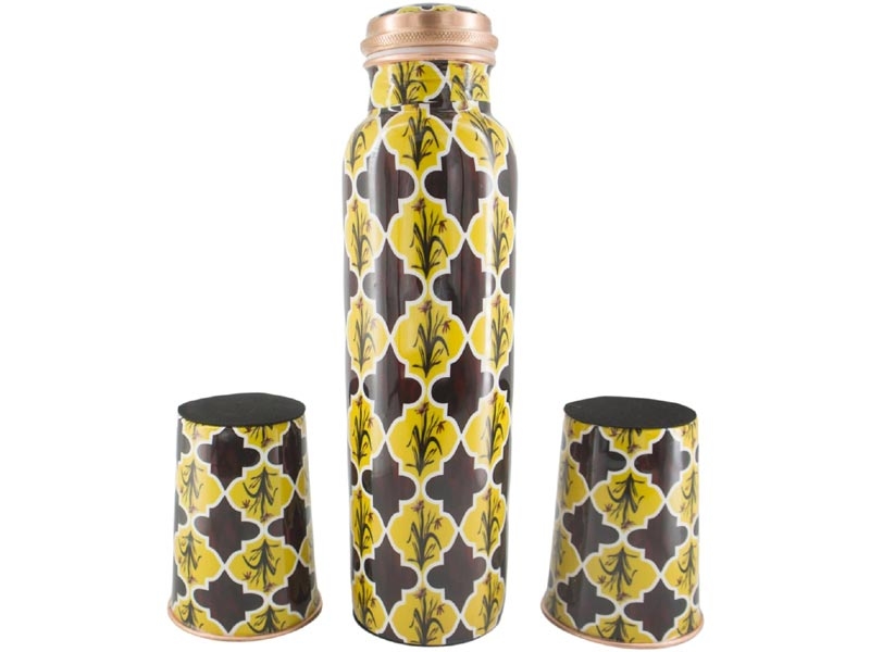 Pure Copper Water Bottle with 2 Tumblers Set Eco Friendly with GIFT PACKAGING Yellow
