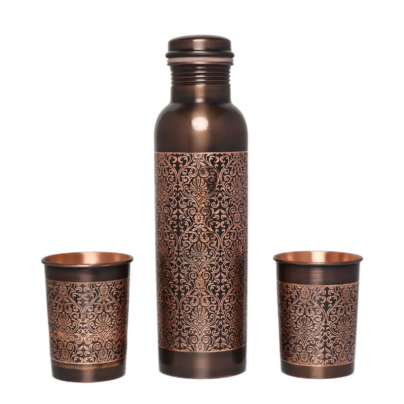 Pure Copper Water Bottle with 2 Tumblers Set Floral Beautiful Pattern