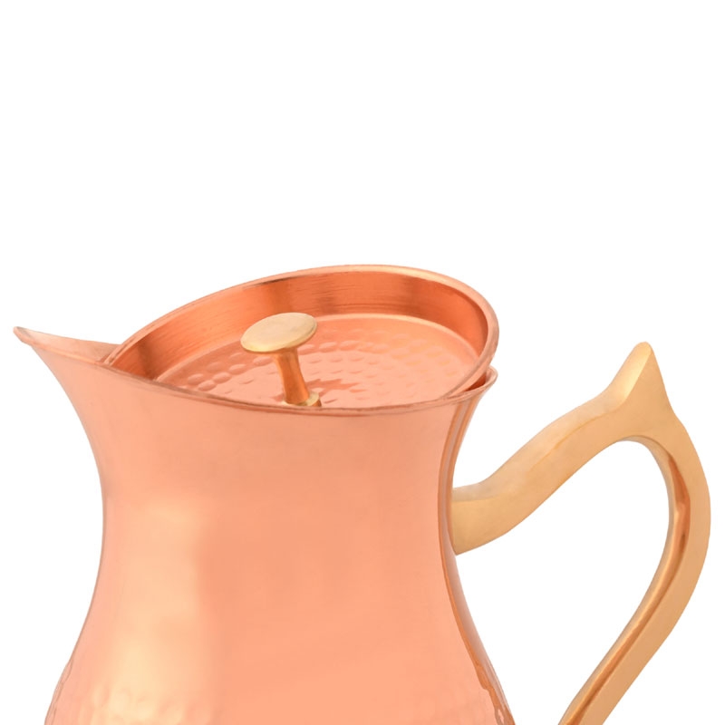Pure Copper Water Hammered Jug with Lid and Brass Handle 1 Liter Capacity Traditional Style