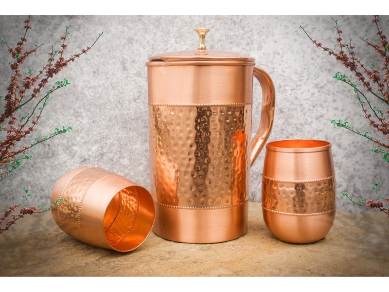 Pure Copper Water Jug with 2 Copper Barrel Glass Hammered and Plain Pattern 1.5 Liters