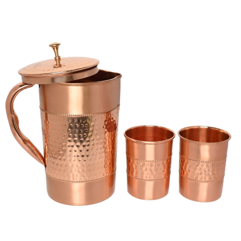 Pure Copper Water Jug with 2 Copper Tumblers Hammered and Plain Pattern With Straight Glass