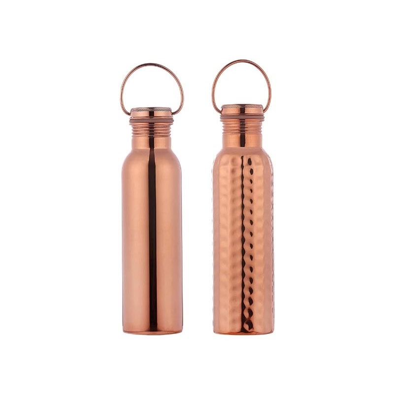 Set of 2 Copper Water Bottle with Handle Plain and Hammered 600 Ml Capacity