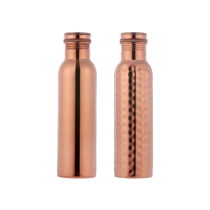 Set of 2 Copper Water Bottles Plain and Hammered 600 Ml Capacity