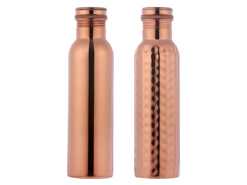 Set of 2 Copper Water Bottles Plain and Hammered 600 Ml Capacity