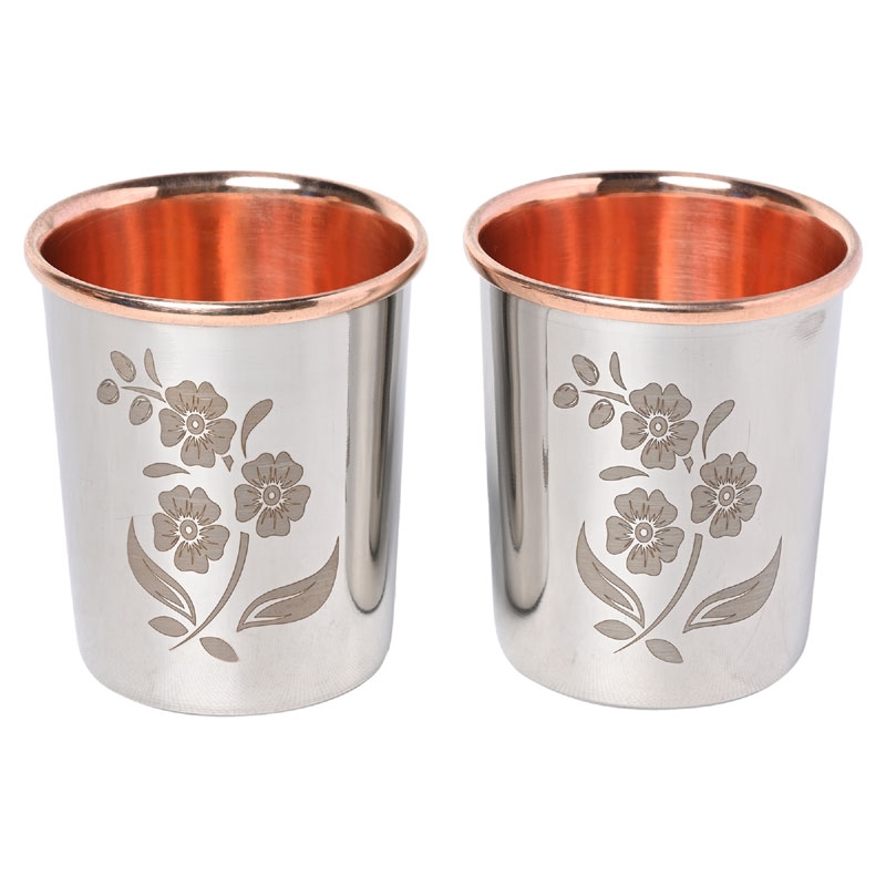 Set of 2 Outer Stainless Steel and Inner Pure Copper Tumbler 250 Ml Capacity Floral Pattern