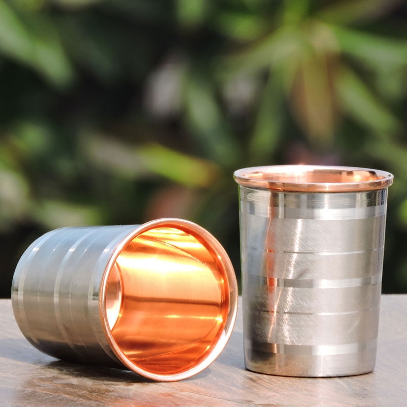 Set of 2 Outer Stainless Steel and Inner Pure Copper Tumbler For Ayurveda Health Benefits 250 Ml Capacity Lining Pattern
