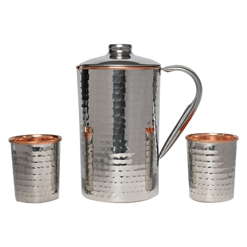 Stainless Steel and Pure Copper Water Pitcher with 2 Matching Tumblers Hammered Pattern