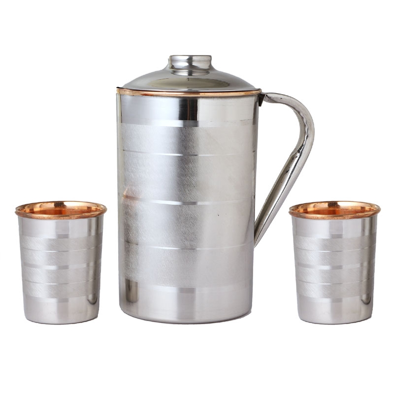 Stainless Steel and Pure Copper Water Pitcher with 2 Matching Tumblers Lining Pattern